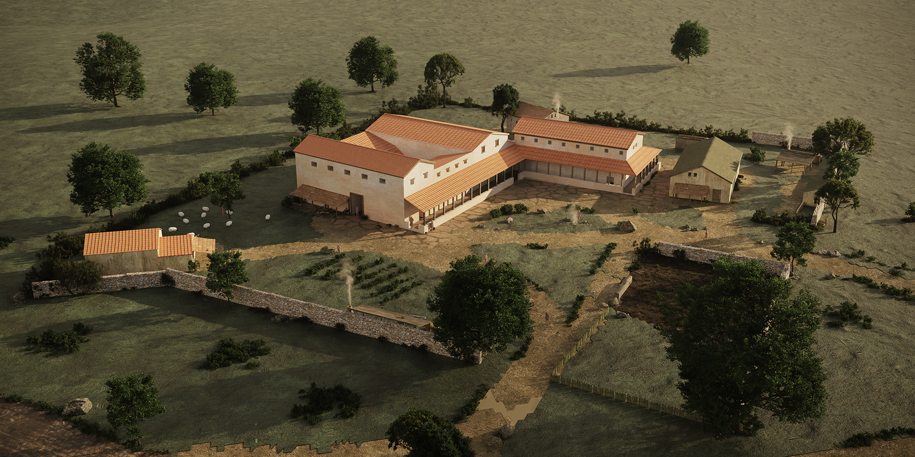 Idealiserte 3D‑Rekonstruktion einer römischen Villa rustica bei Gries/Oberndorf an der Melk mit Haupt‑ und Nebengebäuden, Innenhof, Gärten und umgebenden Feldern