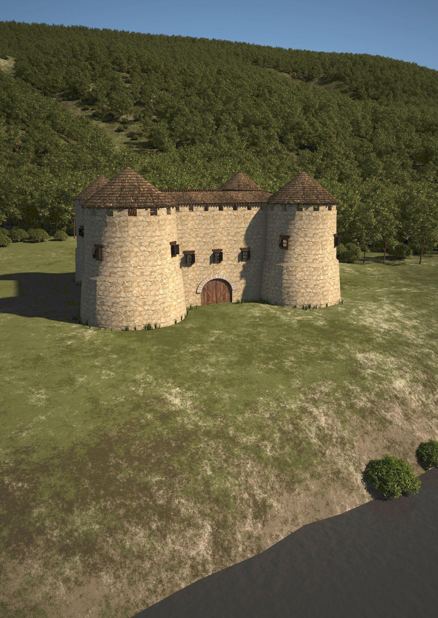 oberranna_7reasons Idealrekonstruktion des spätantiken Quadriburgus von Oberranna mit vier runden Ecktürmen, Tor und umliegender Böschung im Donautal