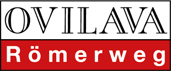 Logo des Vereins Römerweg‑OVILAVA: schwarzer Schriftzug „OVILAVA“ auf weißem Hintergrund, darunter roter Balken mit weißer Aufschrift „Römerweg“.
